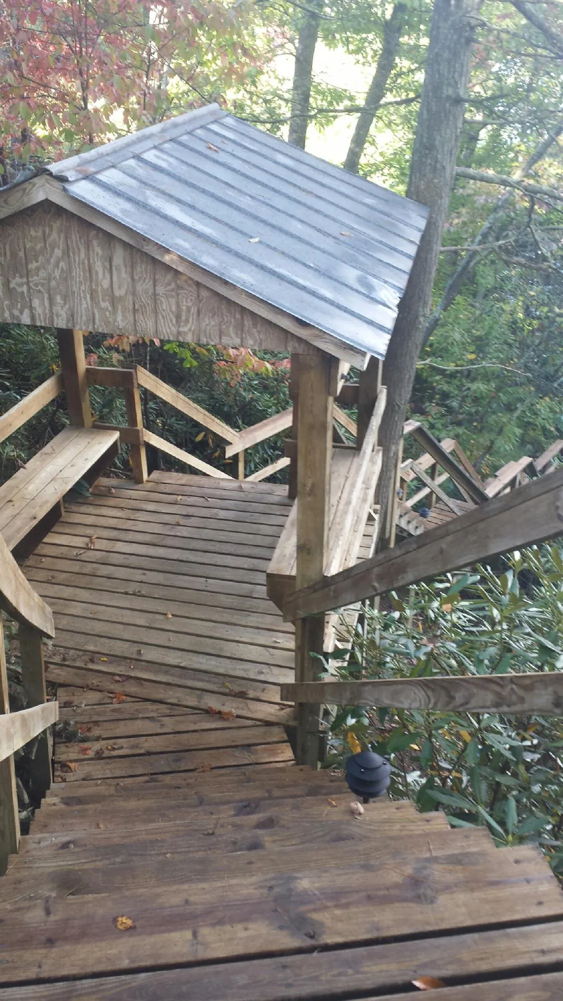 Metal roofed shelter over wooden steps on a wooded walkway — Skylight Repair & Installation work by our crew in Lytle Creek